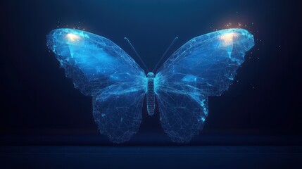 glowing blue wireframe butterfly hologram with polygonal wings and drifting particles, evoking futuristic wonder and calm transformation