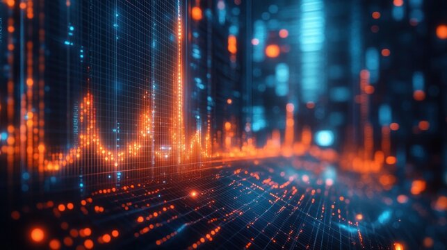 Futuristic glowing digital cityscape with orange data waveform and blue light grid, sparkling dots and rising peaks conveying energy, motion, and pulsating analytics