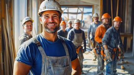 Confident construction crew in hard hats and workwear inside a sunlit building under construction, united and focused