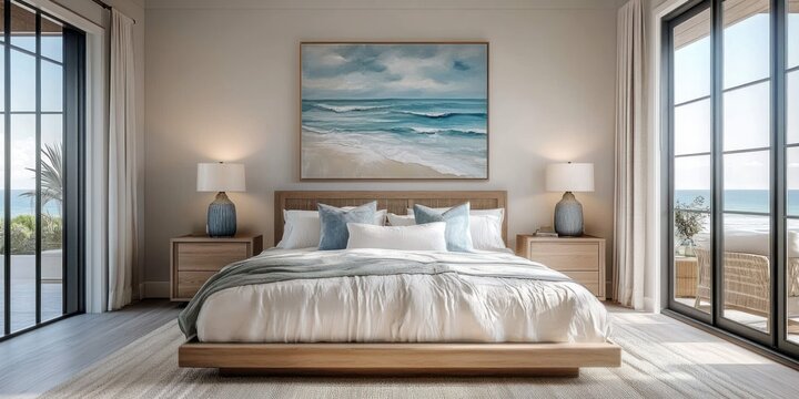 sunlit coastal bedroom with wooden platform bed, soft neutral linens, bedside tables with lamps, seascape painting, floor-to-ceiling glass doors opening to ocean view, calm and peaceful