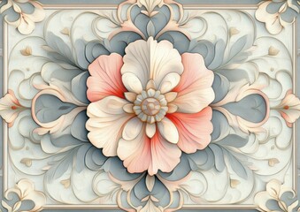 ornate carved floral relief with layered pastel pink and cream petals, muted blue-gray leaves and symmetrical decorative frame conveying delicate serenity