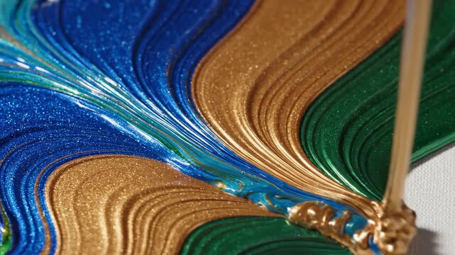 Macro shot of viscous colorful liquid layers slowly merging and separating in synchronized parallel laminar flow across a vibrant canvas background, yellow, slow motion