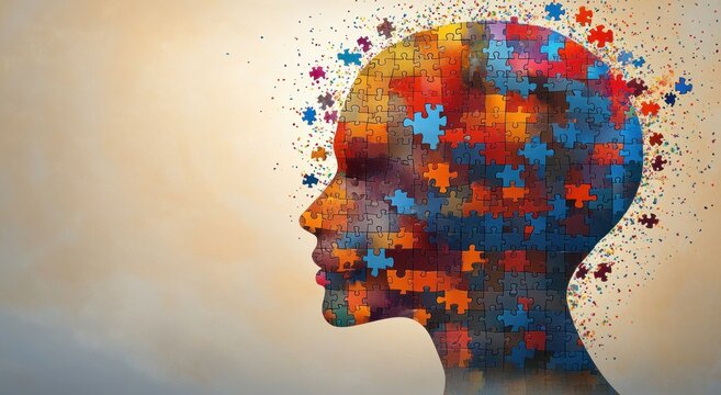 colorful human profile silhouette made of jigsaw puzzle pieces with missing pieces scattering outward, conveying an introspective and fragmented mind