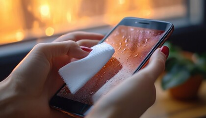 Hands with red nail polish gently wiping water droplets from a wet smartphone screen with a white cloth by a sunlit window, conveying care and calm
