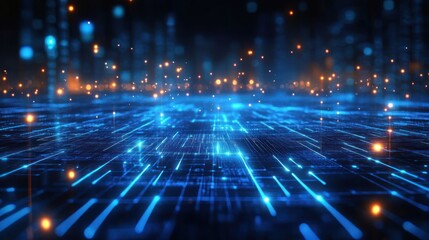 glowing blue digital grid with floating orange lights and vertical light beams, abstract futuristic technological landscape conveying mystery and dynamic energy
