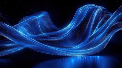 flowing luminous blue ribbons of sparkling particles over a reflective water surface against a dark starry background, evoking calm and ethereal motion