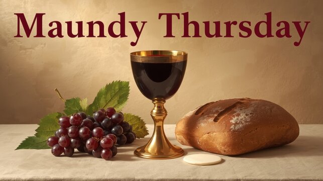 Maundy thursday communion elements with bread wine and grapes