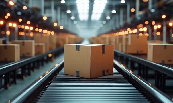 Single cardboard box on a metal conveyor belt in a large brightly lit automated warehouse, rows of packages and warm bokeh lights evoking efficiency and order - Powered by Adobe