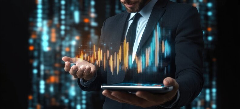 confident businessman in suit holding tablet and presenting glowing blue and orange holographic financial chart and data visualization above his hand against a blurred digital background