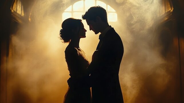 silhouetted couple in formal attire embracing in warm golden backlight before an arched window with mist, an intimate romantic and tender moment