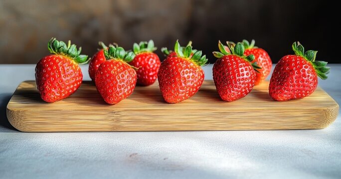 row of ripe red strawberries with green leaves on a wooden cutting board in warm natural light, fresh inviting and appetizing still life