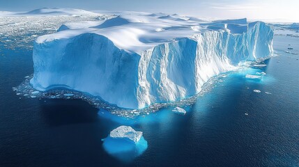 Massive tabular iceberg with sheer icy cliffs and scattered floating ice chunks in deep blue ocean under a pale sky, evoking majestic serenity and icy solitude