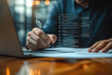 close-up of hands writing on documents beside a laptop with a floating digital checklist overlay on a wooden desk, focused professional and productive atmosphere