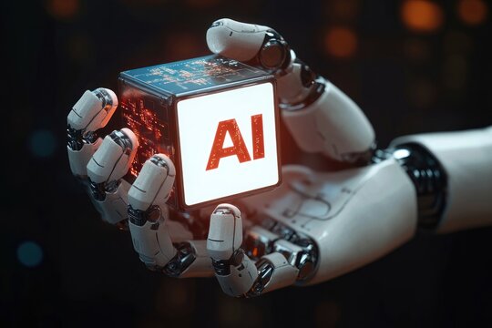 futuristic robotic hand gently holding a glowing cube labeled AI with visible circuit patterns, evoking wonder, control and technological power
