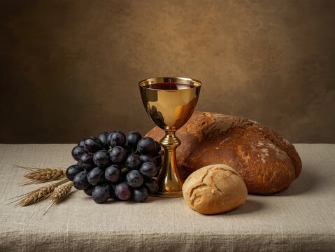 Communion elements of bread grapes and golden chalice on a textured background