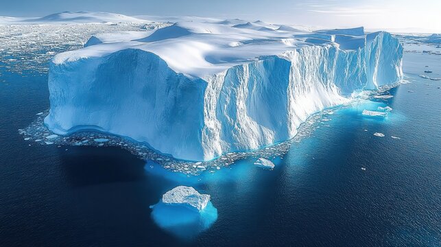 Massive tabular iceberg with sheer icy cliffs and scattered floating ice chunks in deep blue ocean under a pale sky, evoking majestic serenity and icy solitude