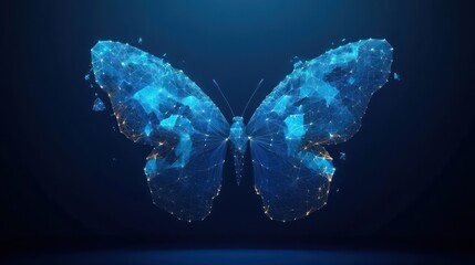 ethereal glowing digital butterfly made of blue polygonal mesh and networked nodes with warm highlights on a dark background, evoking wonder and transformation