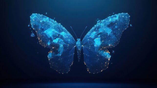 ethereal glowing digital butterfly made of blue polygonal mesh and networked nodes with warm highlights on a dark background, evoking wonder and transformation