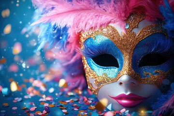 Vibrant feathered carnival mask with pink and blue plumes, glittering gold detail and scattered colorful confetti conveying a joyful festive atmosphere