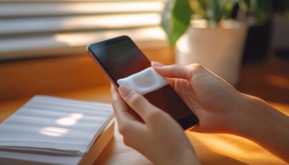 hands gently wiping smartphone screen with soft cloth on sunlit wooden desk next to notebook and potted plant, calm morning cleaning routine