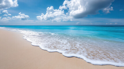 Stunning Ocean View with Turquoise Waters and Soft Sandy Shore Under a Dramatic Cloudy Sky in a Unique Composition for Professional Photography