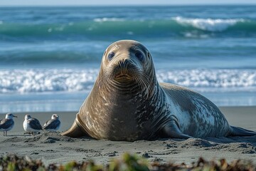 Large elephant seal resting on sandy beach with seagulls and rolling waves, calm and curious gaze