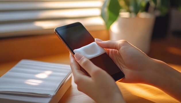 hands gently wiping smartphone screen with soft cloth on sunlit wooden desk next to notebook and potted plant, calm morning cleaning routine