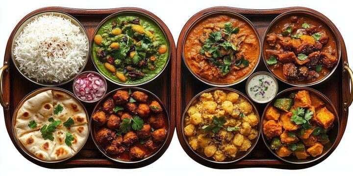 Two wooden trays of vibrant indian thali with basmati rice, naan, assorted curries, spinach curry, chickpeas, spiced potatoes, cauliflower, pickled onions and fresh cilantro, inviting comfort