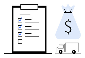 Checklist with marked tasks alongside a money bag symbol and delivery truck. Ideal for business planning, logistics, financial management, e-commerce, shipping, productivity, and supply chain