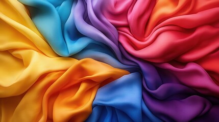 vibrant swirling silk fabrics in rainbow hues with soft flowing folds conveying elegant joyful movement