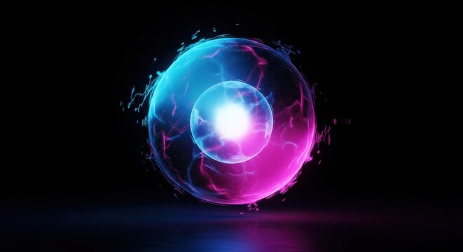Futuristic glowing plasmoid sphere with vibrant energy arcs in a dark setting