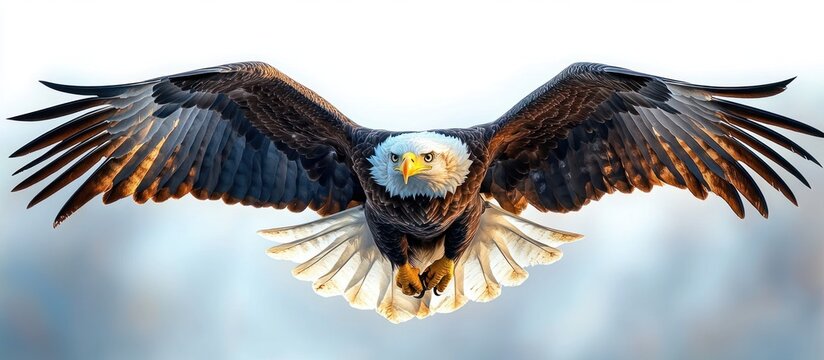Majestic bald eagle soaring toward viewer with wings fully spread, fierce focused gaze and powerful commanding presence