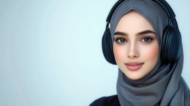 Young woman in gray hijab wearing black over-ear headphones against a pale blue background, calm and contemplative mood