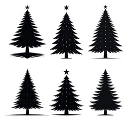 Set of Black Christmas Tree Silhouettes with Stars and Shadows