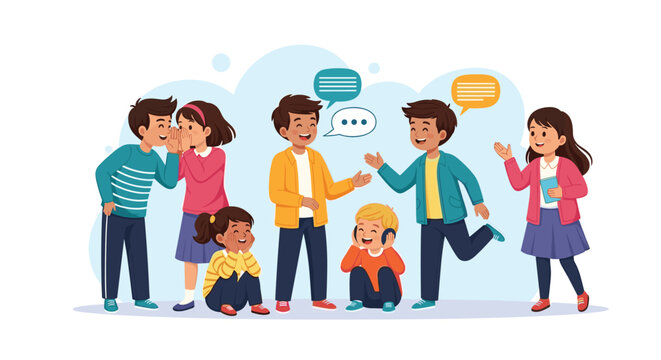 Cheerful children sharing secrets and communicating openly in a vibrant, colorful illustration about friendship and diverse social interactions