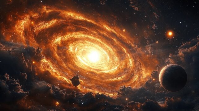 fiery orange spiral galaxy with glowing core, swirling nebula clouds, distant stars and a lone dark planet evoking awe and cosmic drama - Powered by Adobe