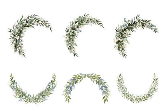 Elegant watercolor greenery arch and wreath set, perfect for luxurious wedding invitations, sophisticated bridal shower decorations, or clean graphic design elements. - Powered by Adobe