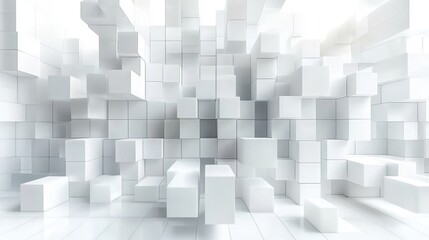 cluster of white three-dimensional cubes and floating rectangular blocks in a bright minimalistic abstract space conveying calm futuristic serenity