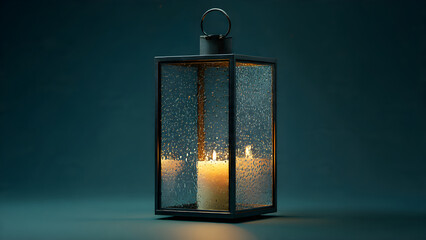 Warm glow of lit candles inside a rustic glass lantern with water droplets, creating a cozy and serene ambiance for any setting.
