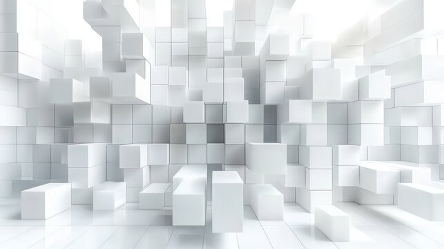 cluster of white three-dimensional cubes and floating rectangular blocks in a bright minimalistic abstract space conveying calm futuristic serenity