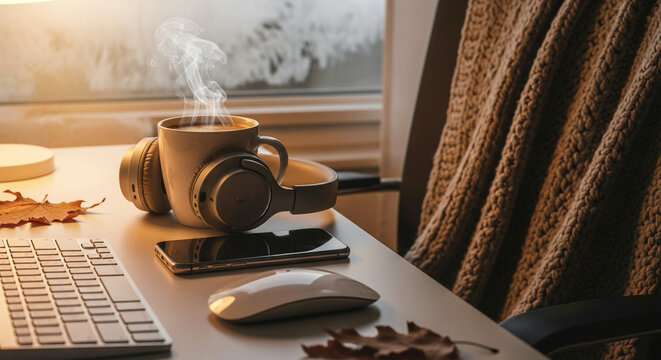Cozy autumn workspace with steaming coffee, headphones, and frosted window view, perfect for relaxation, study, or remote work inspiration during the fall season