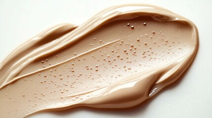 beige liquid foundation smear with glossy droplets on white background, smooth creamy texture and calm luxurious feel