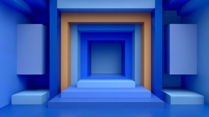 A captivating 3D rendering of a vibrant blue room featuring geometric shapes and platform