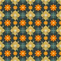 Retro-inspired seamless floral pattern featuring orange and yellow flowers on a dark green background. Perfect for textiles, wallpapers, packaging, stationery, and decorative digital designs