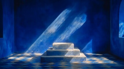 A Captivating Blue Room with Light Beams and Architectural Details Showcasing Serenity and