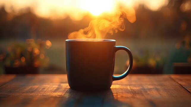 Steaming mug on a wooden table at sunrise with golden bokeh and blurred plants, evoking a warm peaceful and cozy morning calm