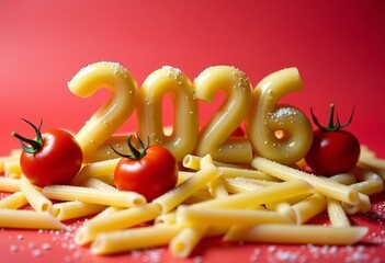 Penne numerals 2026 amid scattered penne and cherry tomatoes, rustic kitchen styling with parmesan and coarse salt. New Year cooking banner for restaurants or cafe.