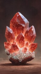 A captivating illustration of a radiant ruby crystal cluster illuminating the earth tone background