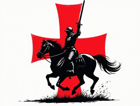 Knight templar on horseback with sword raised against red cross