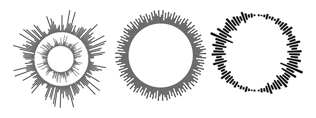 
Black podcast sound wave patterns with varying amplitude bars for audio visualization and media interfaces. Digital frequency lines on white bg for music players.
